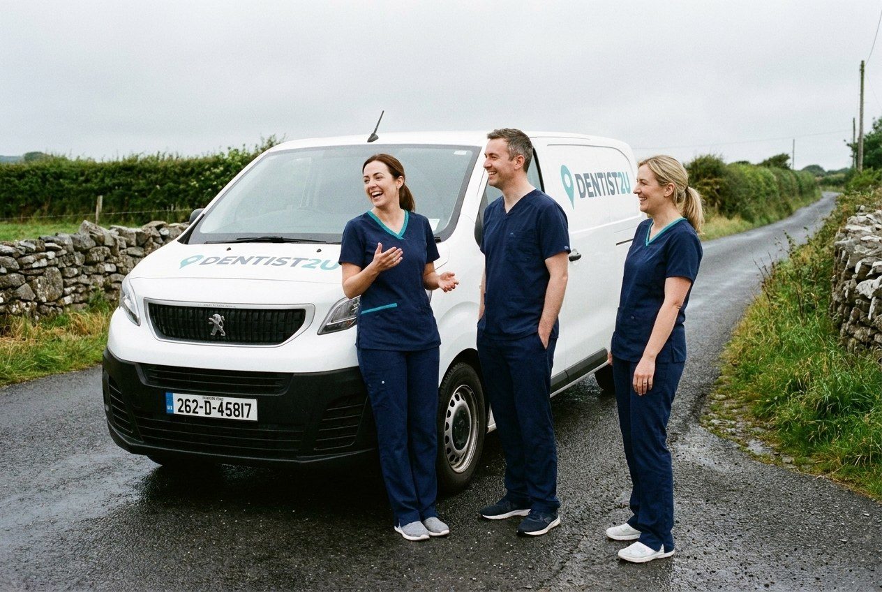 Three Dentist2U dentists in navy scrubs beside the branded van on a rural Irish road