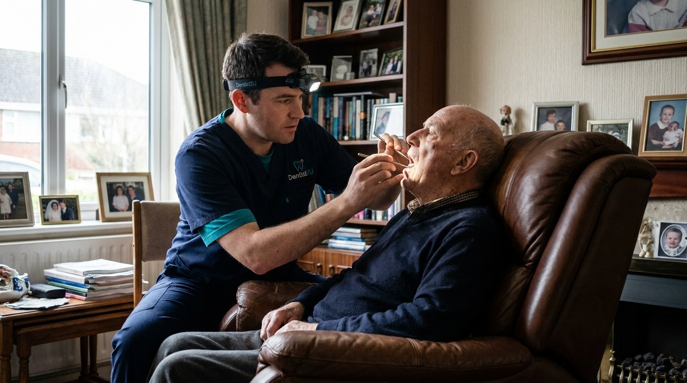 A Dentist2U dentist with an elderly man seated in his own armchair