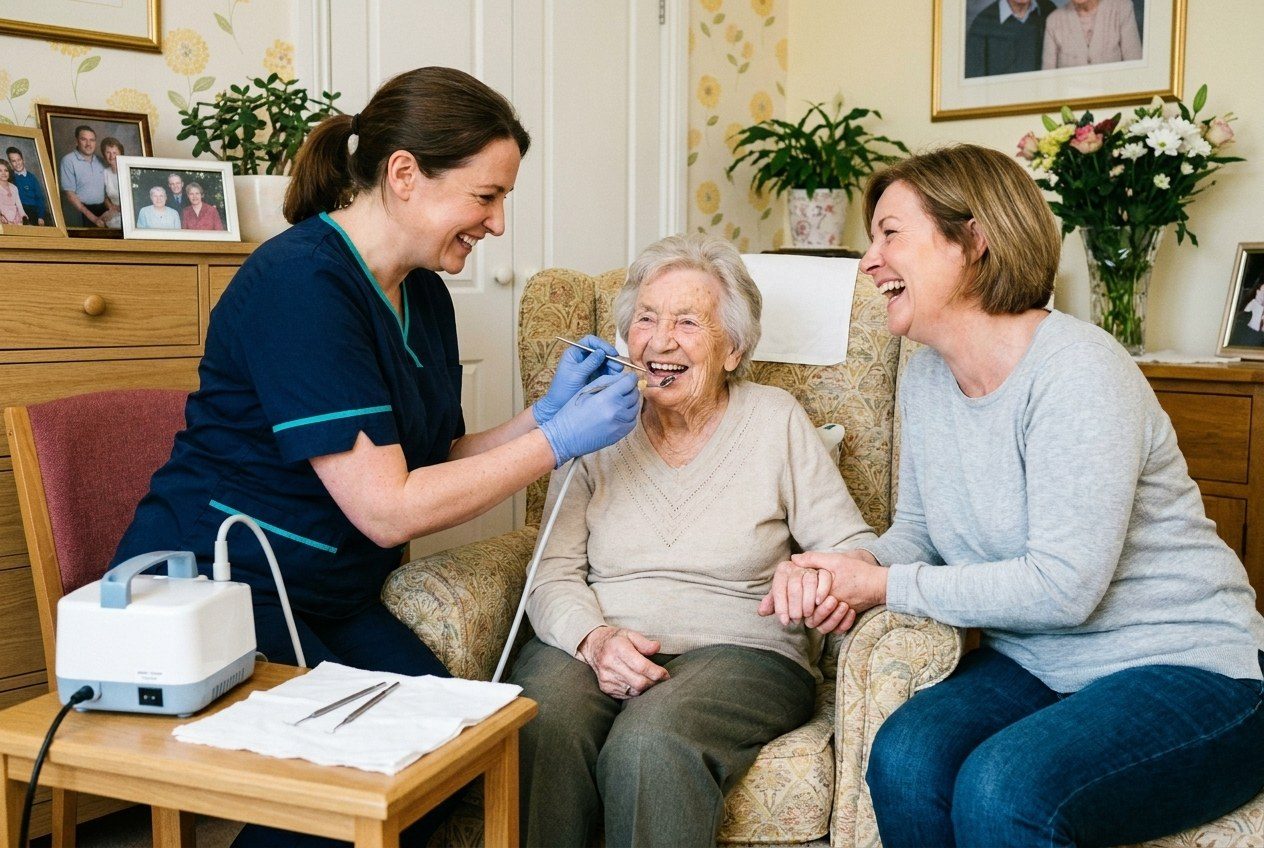 A Dentist2U dentist cleaning an elderly woman's teeth at home while her daughter sits beside her