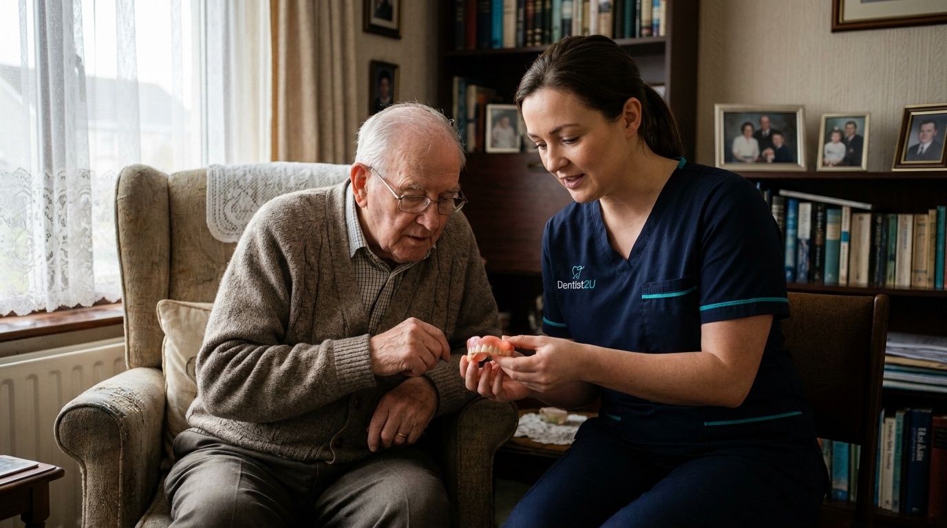 A Dentist2U dentist showing a denture to an elderly patient and explaining the fit