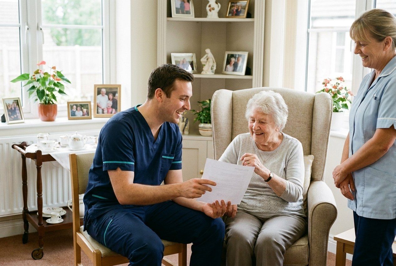 A Dentist2U dentist explaining written aftercare to an elderly patient, a nurse listening