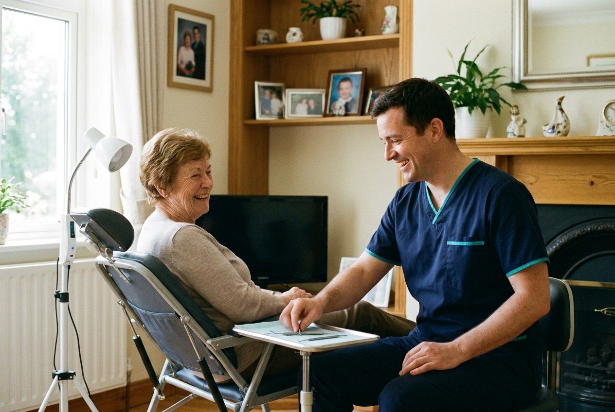 A Dentist2U dentist treating a patient in a portable dental chair set up in her living room