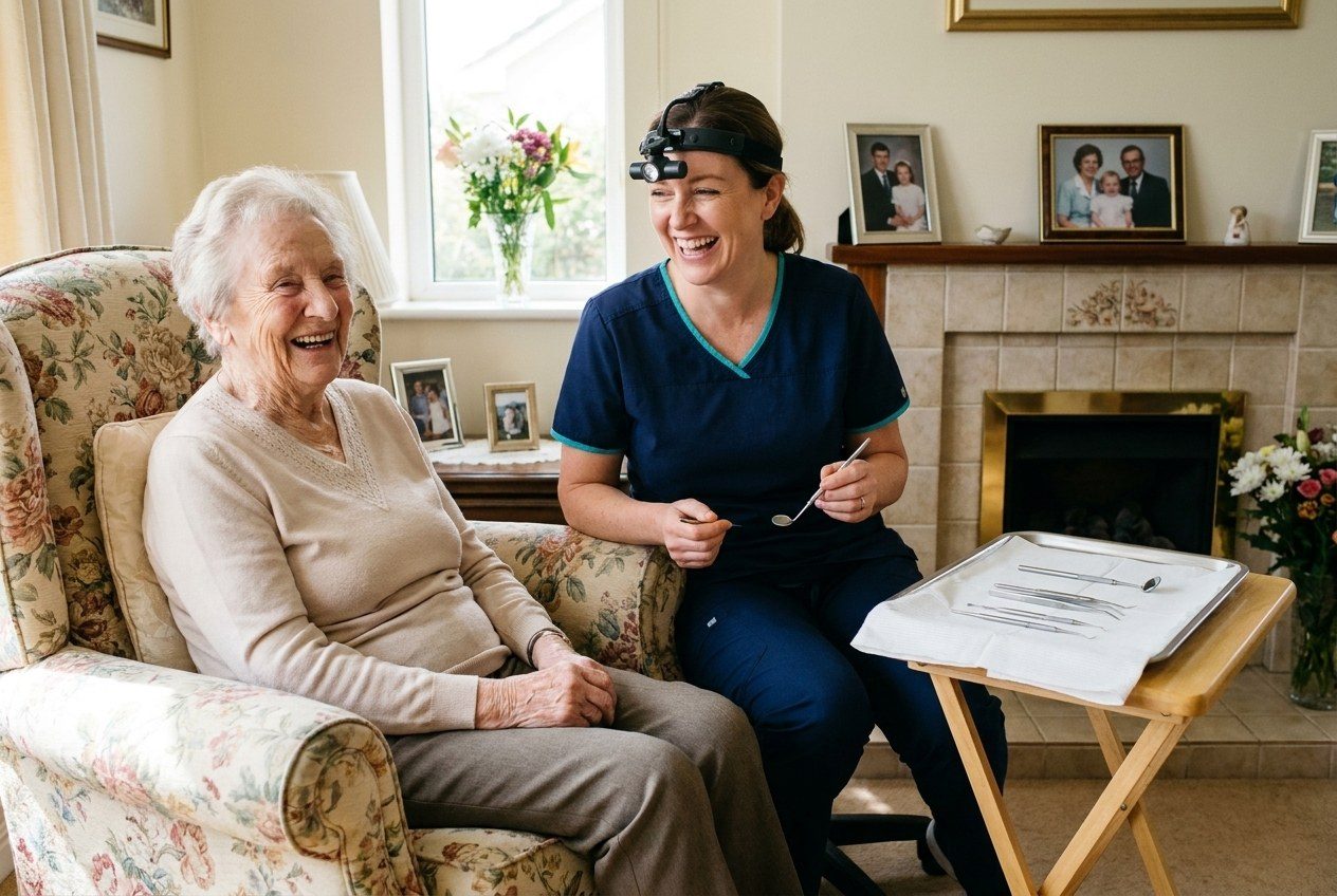 A Dentist2U dentist laughing with an elderly patient in her own armchair at home