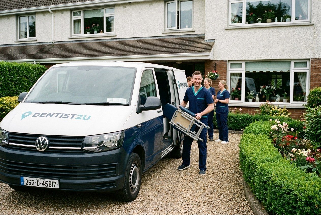 A Dentist2U dentist lifting a folded portable dental chair from the branded van outside an Irish nursing home