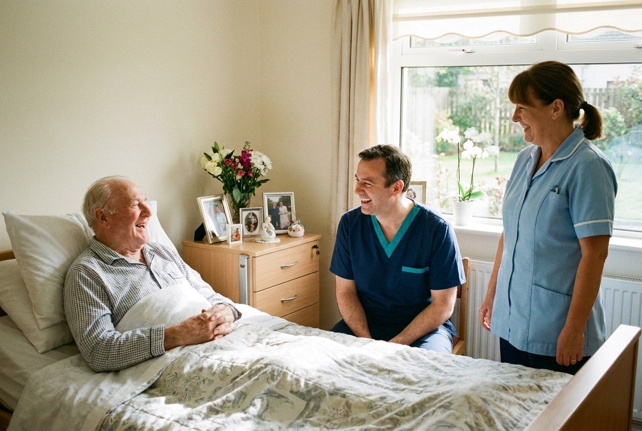 A Dentist2U dentist and a care assistant with a resident at his bedside in a bright nursing home room
