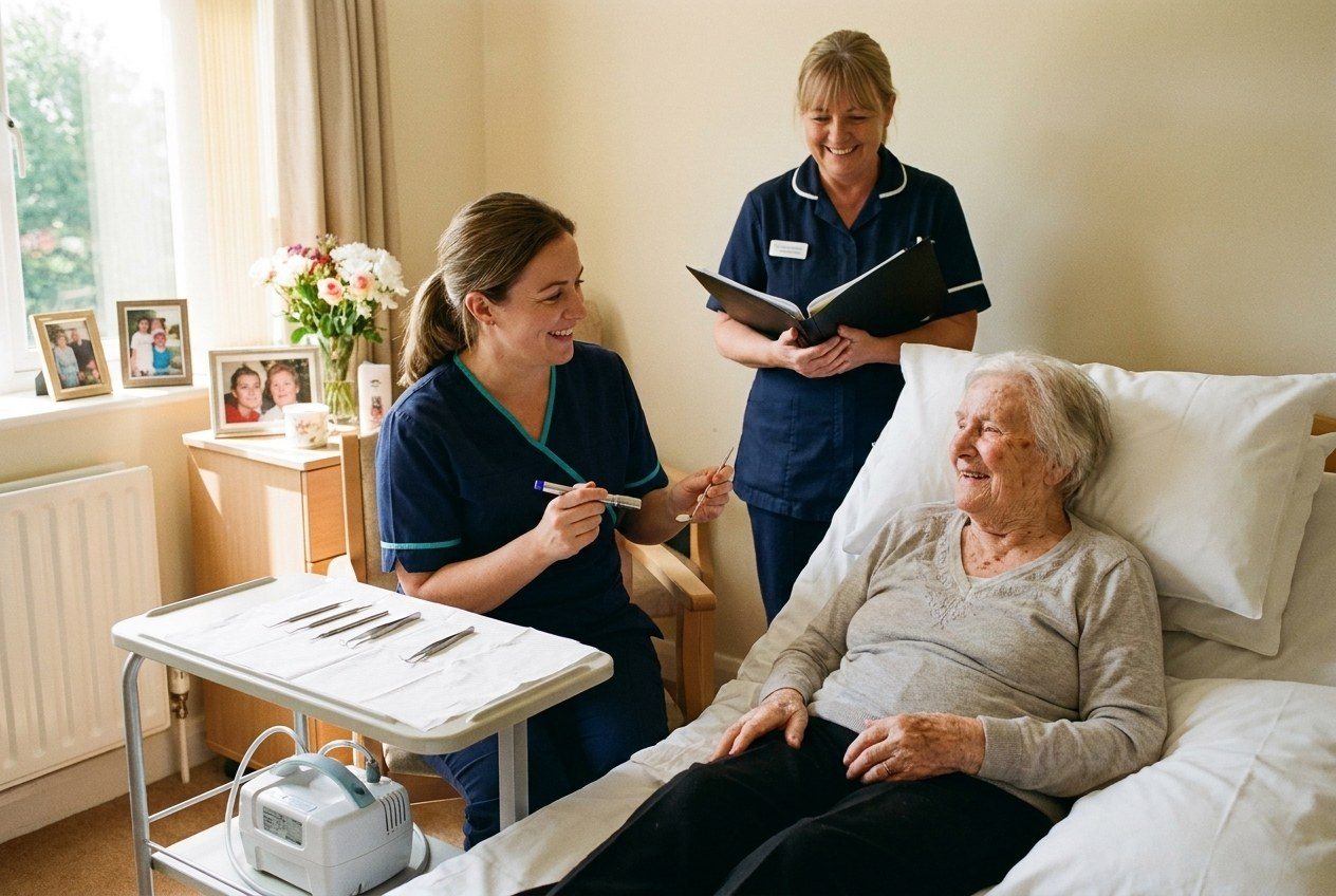 A Dentist2U dentist and a nurse assessing a nursing home resident at her bedside