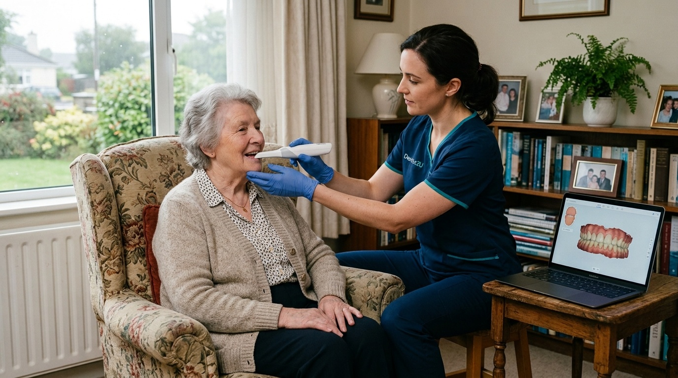 A patient having an intra-oral scan at home, the 3D model appearing on screen