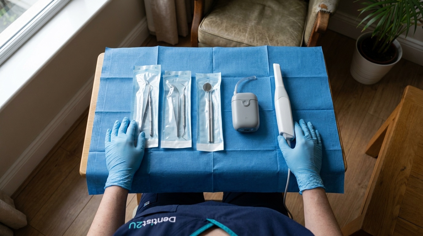 A sterile portable dental kit laid out on a clean drape