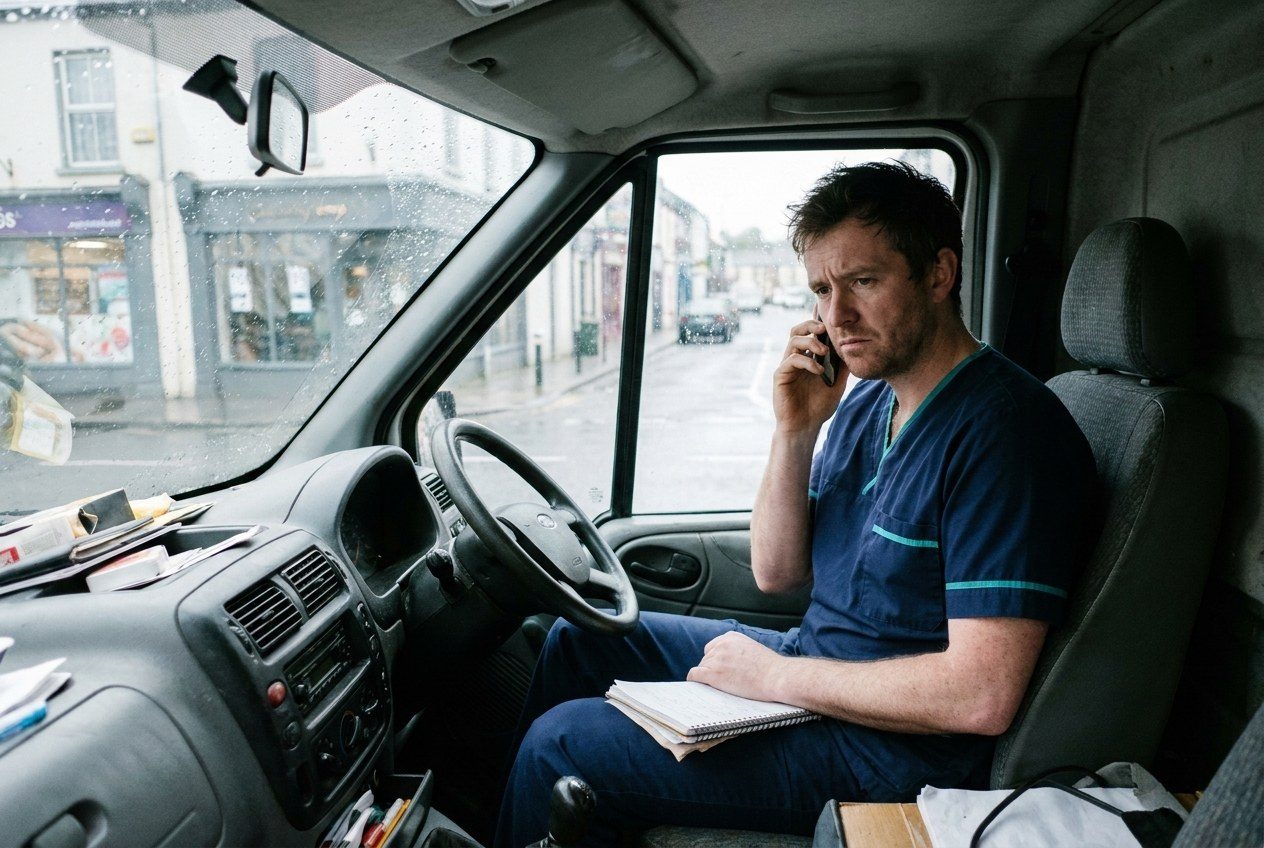 A Dentist2U dentist taking a call in the van, notebook open